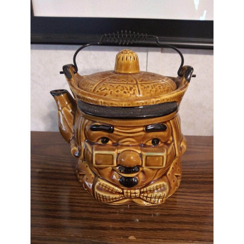 Vintage Japan Colonial Man Teapot Brown Ceramic Bow Tie Glasses